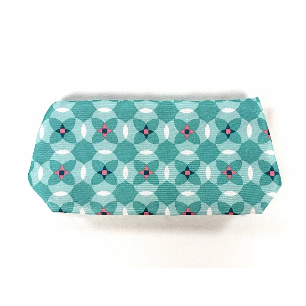 Clinique Cosmetic Pouch Makeup Bag Teal Geometric Circle Print Orange Zip New